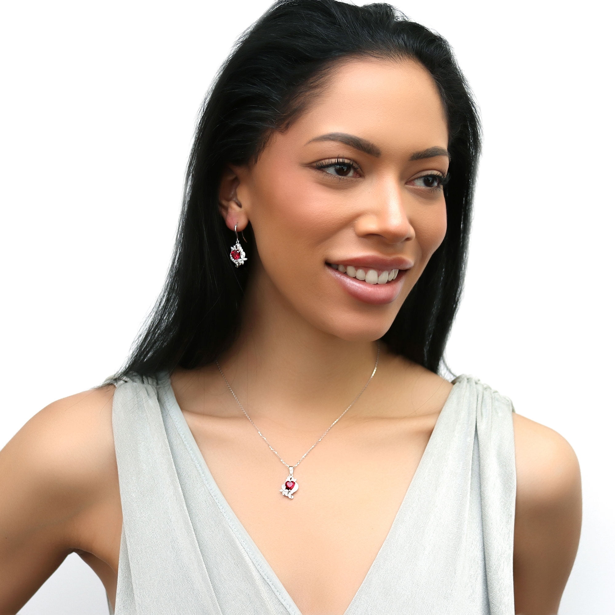 BERRICLE Sterling Silver Heart Cubic Zirconia CZ Flower Fashion Fish Hook Dangle Drop Earrings for Women, Rhodium Plated, Ruby Color