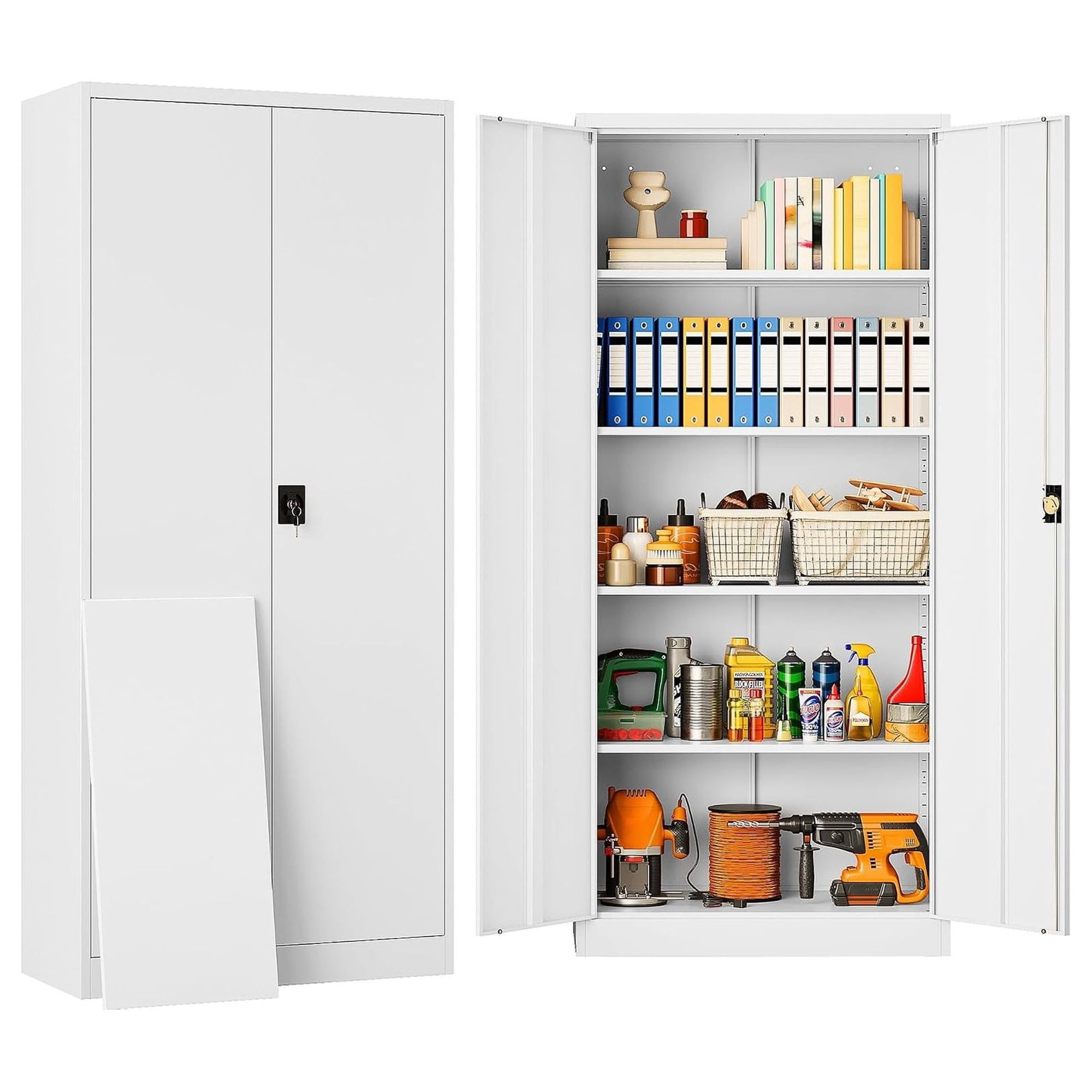 White Metal Storage Cabinet with Adjustable Shelves 71 Inch Tall Steel Cabinet with Locking Doors Heavy Duty Lockable Storage Cupboard for Home Office Kitchen Laundry Pantry Garage Organization