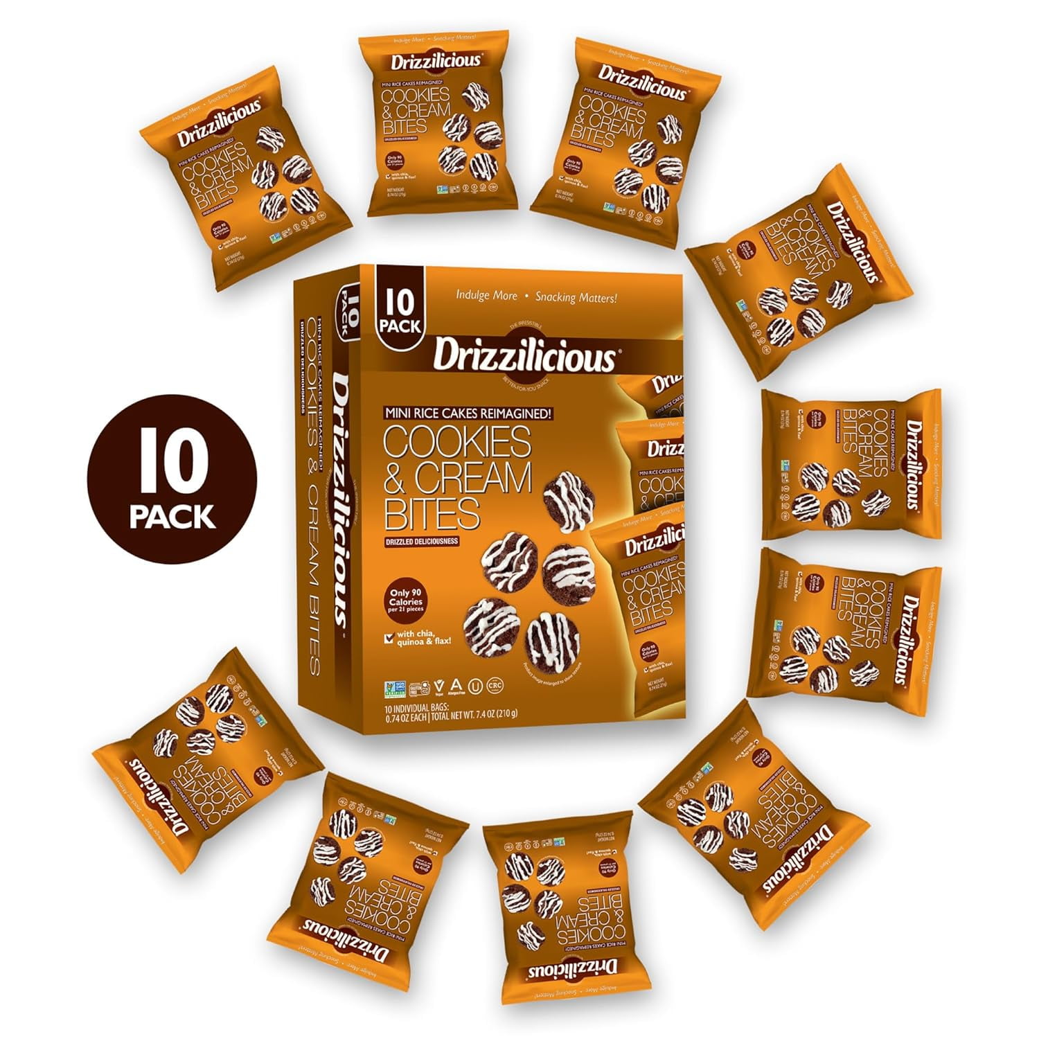 Drizzilicious Mini Rice Cakes, Cookies & Cream Flavored Rice Cake Gluten Free Snacks, Rice Crisps 10-Pack