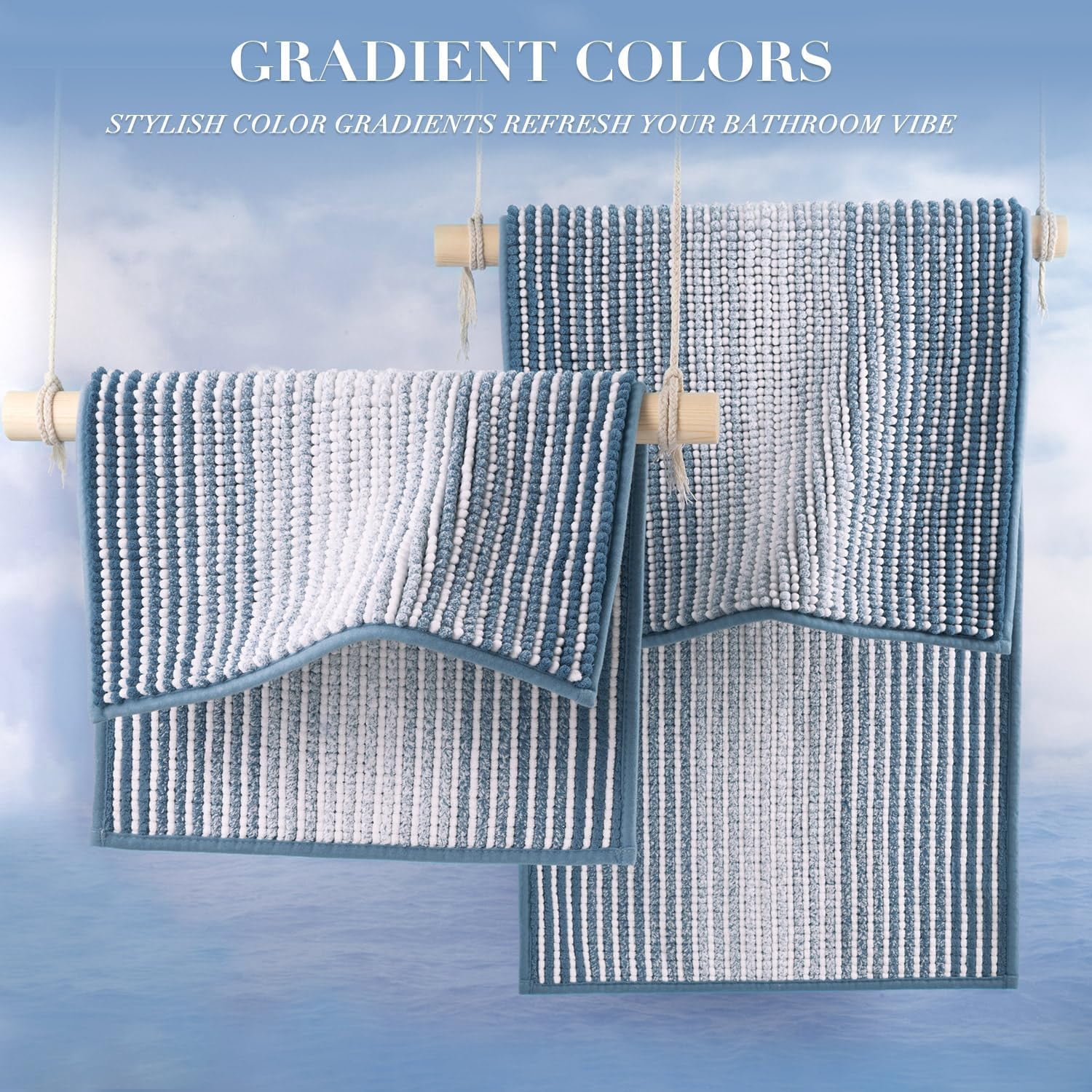 Bathroom Rugs and Mats Sets, 2 Piece Thick Absorbent Chenille Bath Mat Rug Set Non Slip, Soft Shaggy Bath Room Floor Mats for Bathroom, Machine Washable (Fog Blue, 20" x 32" Plus 16" x 24")