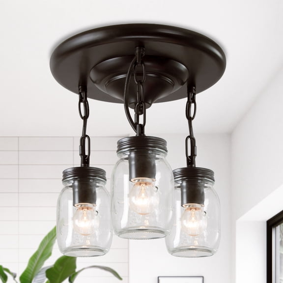 LNC Modern 3-Light Black Flush Mount Ceiling Light with Mason Jar Glass