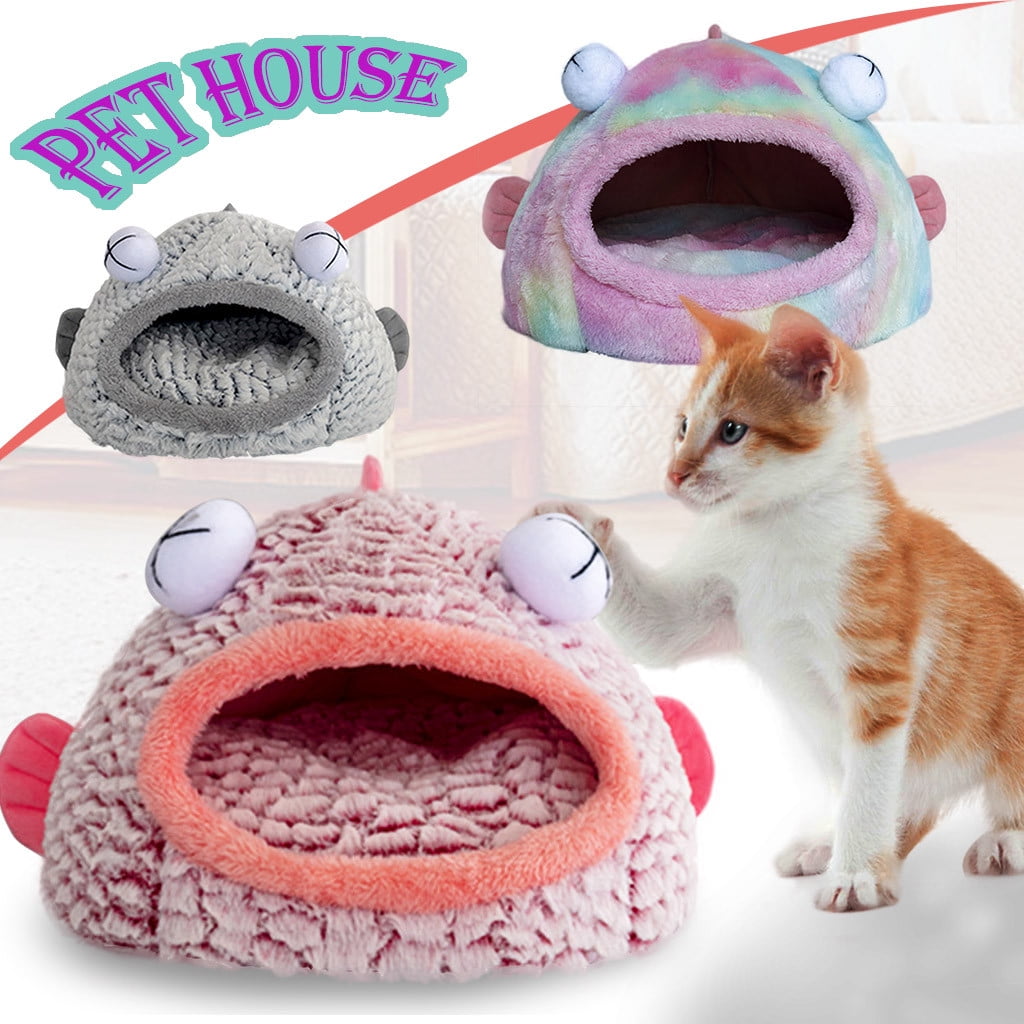 PureCasa Funny Fish Shape Semi-Enclosed Dog Cat Bed for Fall Winter, Comfortable Warm Plush Fluffy Pet Pad House Kennel, Sleeping Cushion Pads for Small Cats Dogs, Round, 1 Pack, S 14"x16", Pink