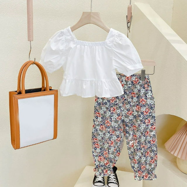 TopLLC Short Sleeve Round-Neck Blouses & Shirts Sets Spring And Summer Cute Print Girls Short Sleeve Comfy Round-Neck Blouses And Pants Set Girl Set