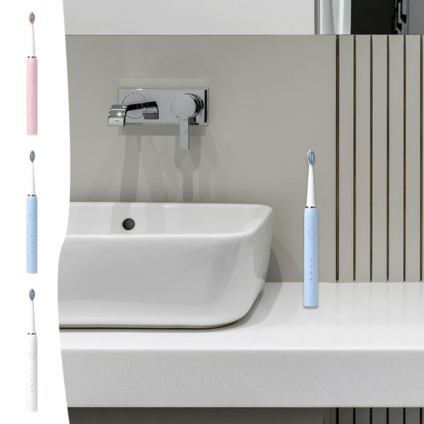 Cepillo de dientes eléctrico portátil - Cepillo de dientes Sonic para adultos con 4 cabezas de cepillo, recargable USB, impermeable IPX7, blanco/rosa/azul