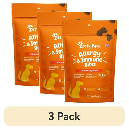 (3 pack) Zesty Paws Allergy & Immune Bites for Dogs, Allergy Relief and Supports Immune Function, Lamb Flavor, 60 Count Soft Chews