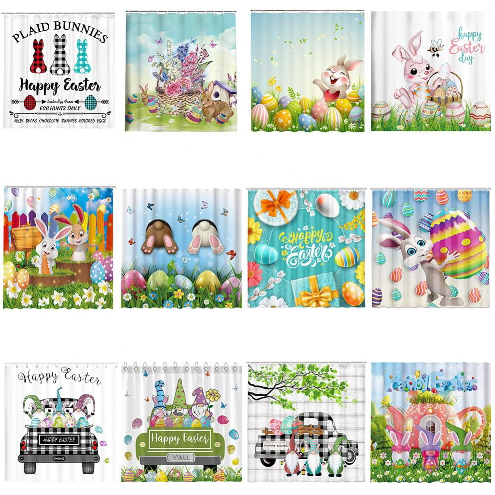 Colorful Easter Eggs Cartoon Cute Rabbit Shower Curtain Set Bathroom Decor 72" 