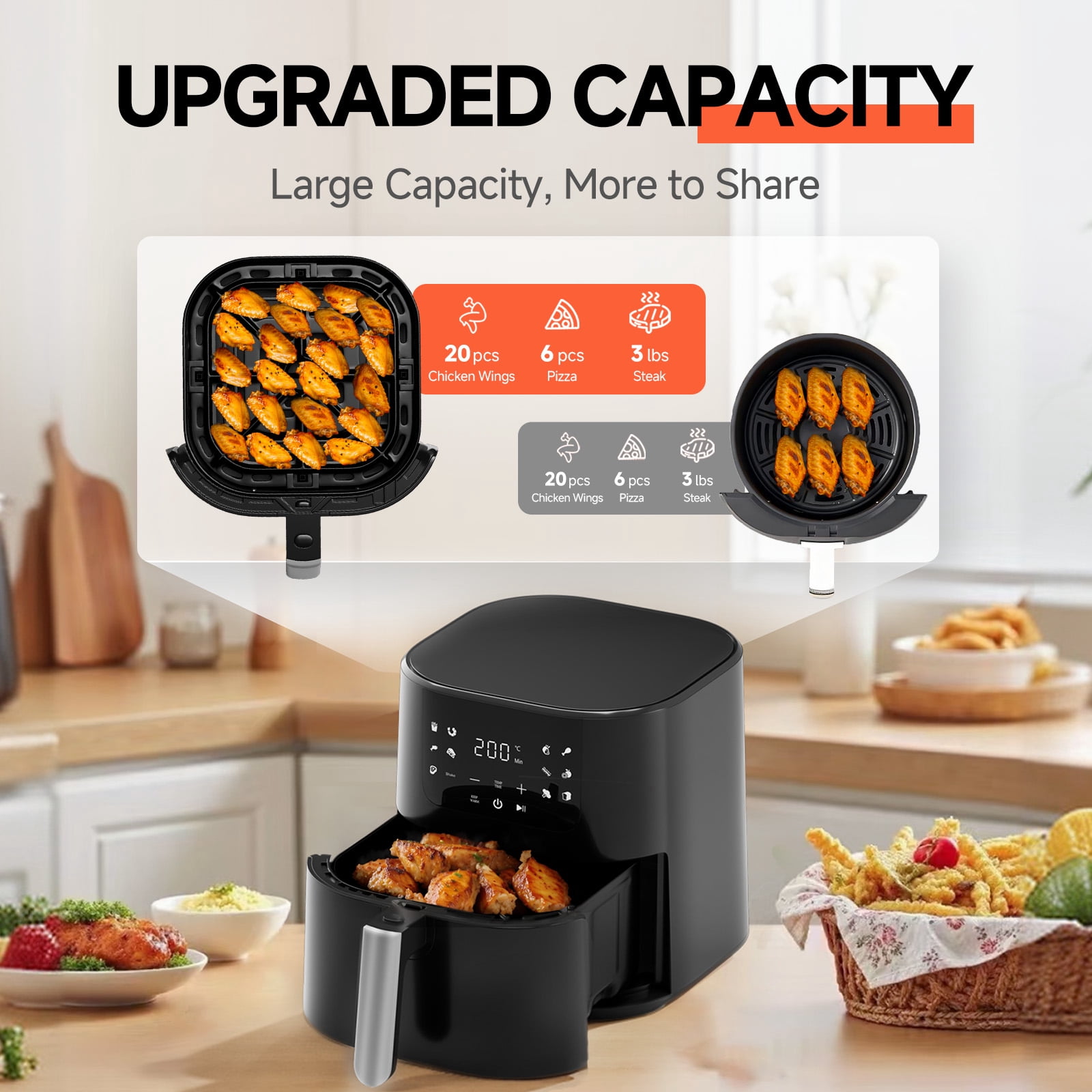 LUCKLIFE 5.28 Qt Capacity Air Fryer with Shake Remind  , 11 Presets Fry Touch Panel , Max 400F for Cooking,Black