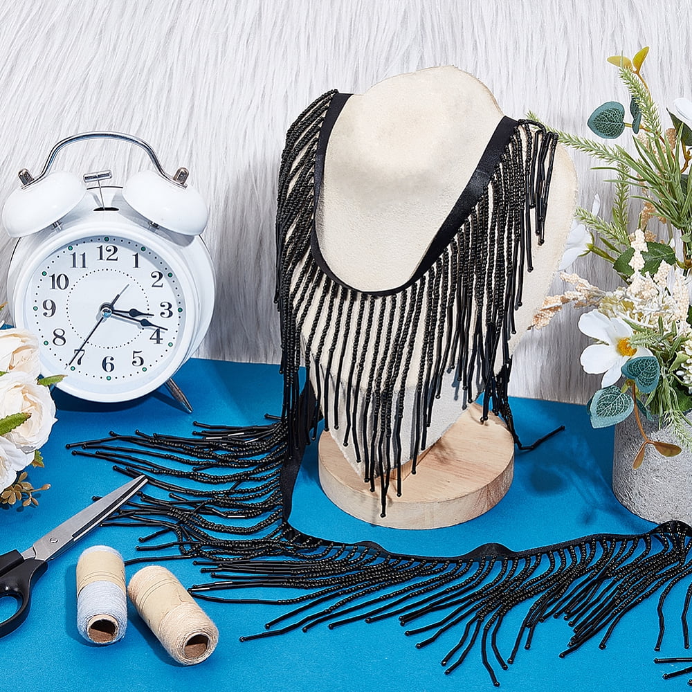1.8 Yards Glass Beads Fringe Tassel Lace Trim Ribbon Cotton Ribbon Clothing Accessories Black 5-1/2 inch(140mm) DIY