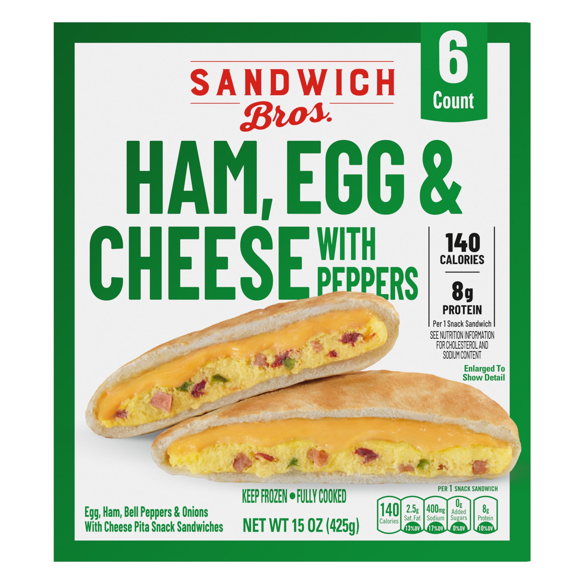 Sandwich Bros. Ham, Egg & Cheese with Peppers, Frozen Breakfast Sandwiches, 15 oz., 6-Count