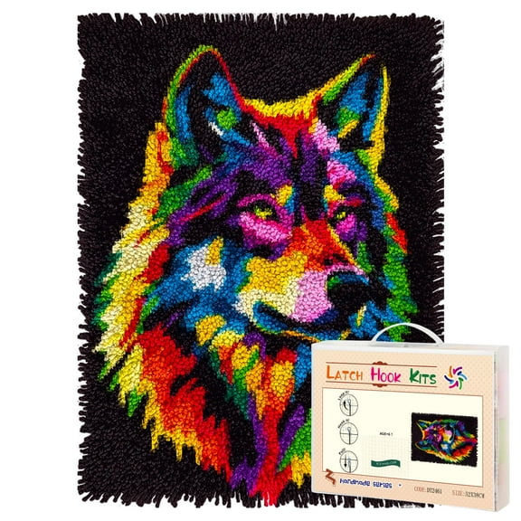 Latch Hook Rug Kit Colorful Wolf Portrait Pre-printed Handmade Carpet Crochet Yarn Craft DIY Hook and Latch Door Mat Tapestry for Home Floor Decoration 52x38cm-1