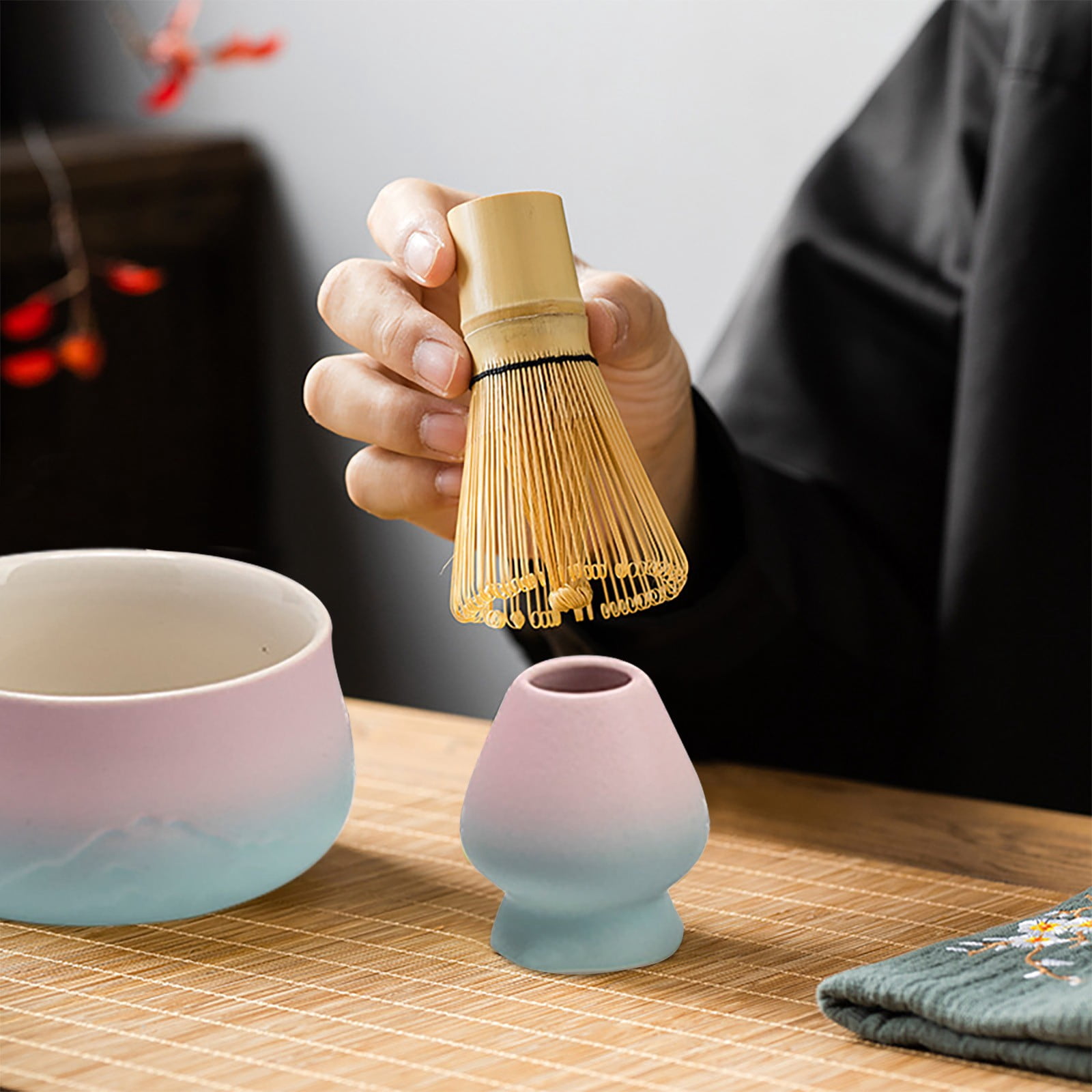 Matcha Tea Maker 7-Piece Set Clearance! Japanese 7 Piece Matcha Tea Set Standard Size Ceramic Bowl with Whisk Spoon Holder Strainer Container and Caddy for Traditional Ceremonies