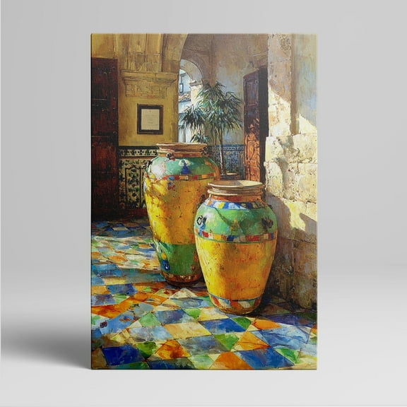 1pc Mediterranean - style Canvas Wall Art Featuring Colorful Ceramic Jars in a Sun - Lit Courtyard, framed Decor room hanging Wall Picture Decor for Home Gifts, living room, bathroom, bedroom,