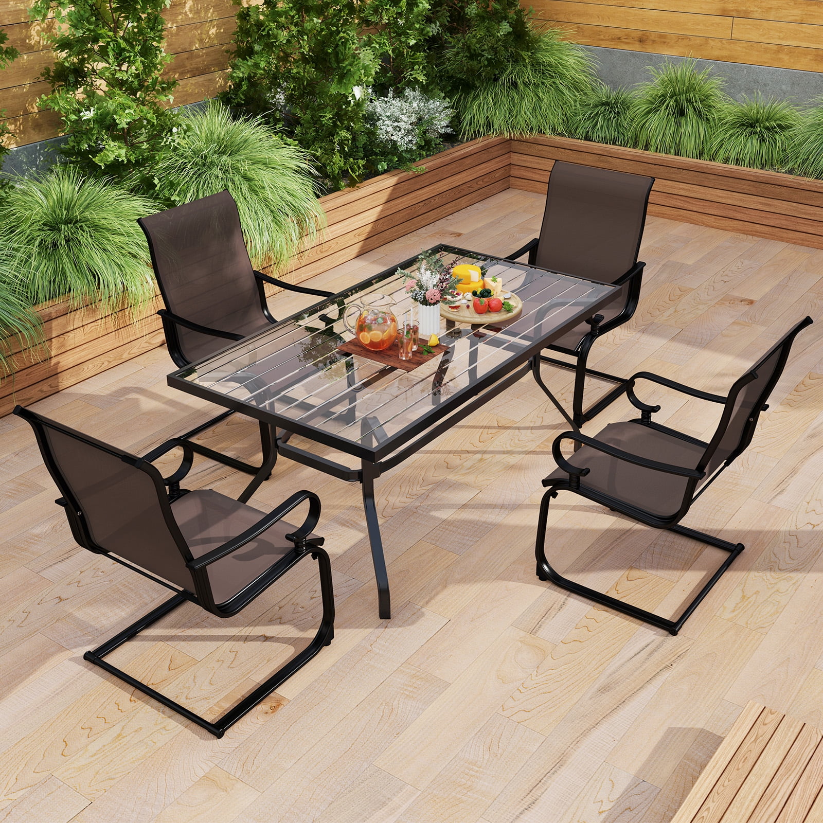 Gymax Patio Dining Chairs Set of 4 C-Spring Motion Patio Chairs w/ Metal Frame Brown & Black