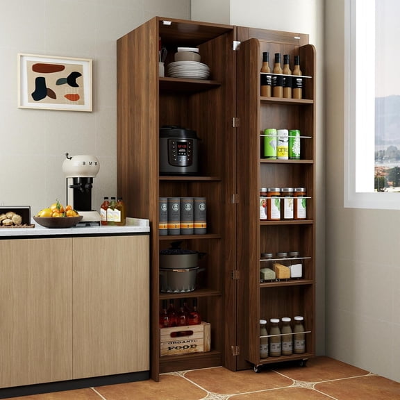 LJAN 22 in Deep Kitchen Pantry Storage Cabinet with Doors and Adjustable Shelves Tall Large Cupboard with Door Shelving, Wheel Support for Food Walnut