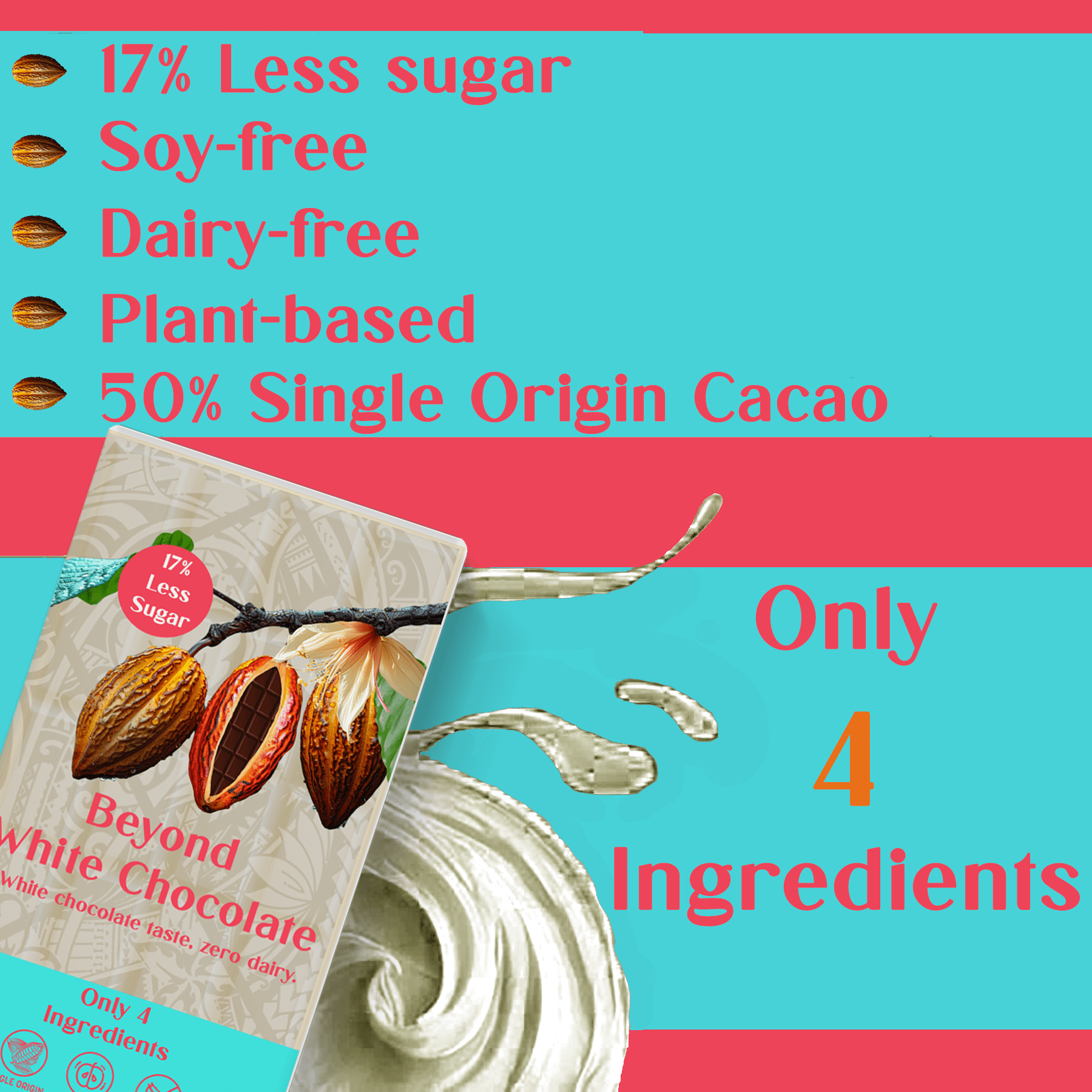 Beyond White Chocolate Bar - Dairy-free | 2.2 Ounce (Pack of 6) | Organic, Low Sugar, 37% Cacao, Plant Based, Dairy Free, Gluten-Free | Single Origin