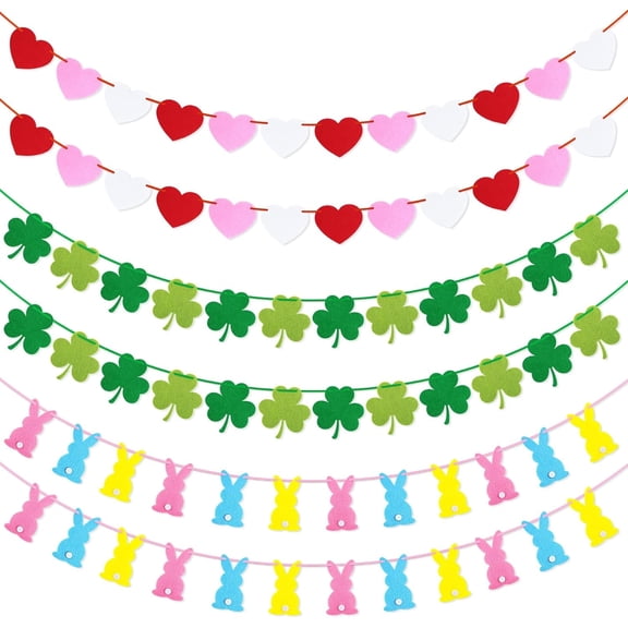 Holiday Felt Garland Set (6PCS) - Pre-Strung Heart, Shamrock Clover & Bunny Banners For Valentine’s Day, St. Patrick’s Day & Easter Decorations, Home Office Party Mantel Wall Decor
