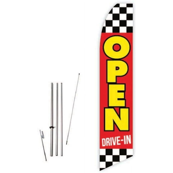 Open Drive-in Red Super Novo Flag - Complete with 15ft Pole Set and Ground Spike