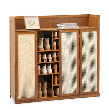 MoNiBloom Bamboo 30 Pairs Shoe Cabinet, 7-Tier Entryway Shoe Storage Cabinet with Foldable Rattan Doors and Boots Compartments, Shoe Rack Organizer For Hallway Living Room, Brown