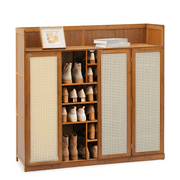 MoNiBloom Bamboo 30 Pairs Shoe Cabinet, 7-Tier Entryway Shoe Storage Cabinet with Foldable Rattan Doors and Boots Compartments, Shoe Rack Organizer For Hallway Living Room, Brown