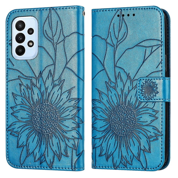 Funda tipo cartera con girasoles grabados para Samsung A32 4g, multifuncional, elegante y con protección total.