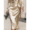 thumbnail image 4 of Champagne Satin Wrap V-Neck Long Sleeve Fitted Midi Dress, 4 of 5