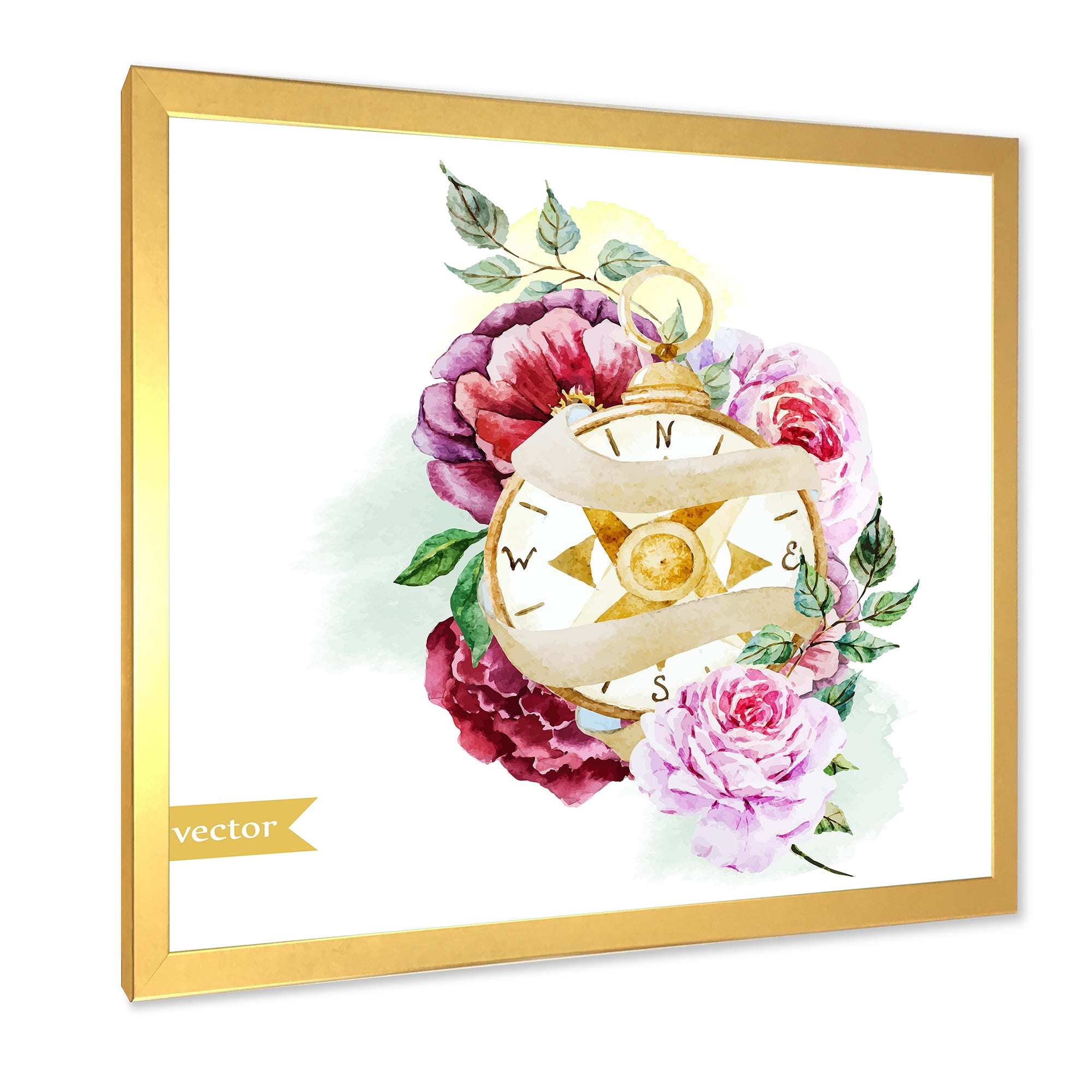 Designart 'Compass Among Flowers' Traditional Framed Art Print