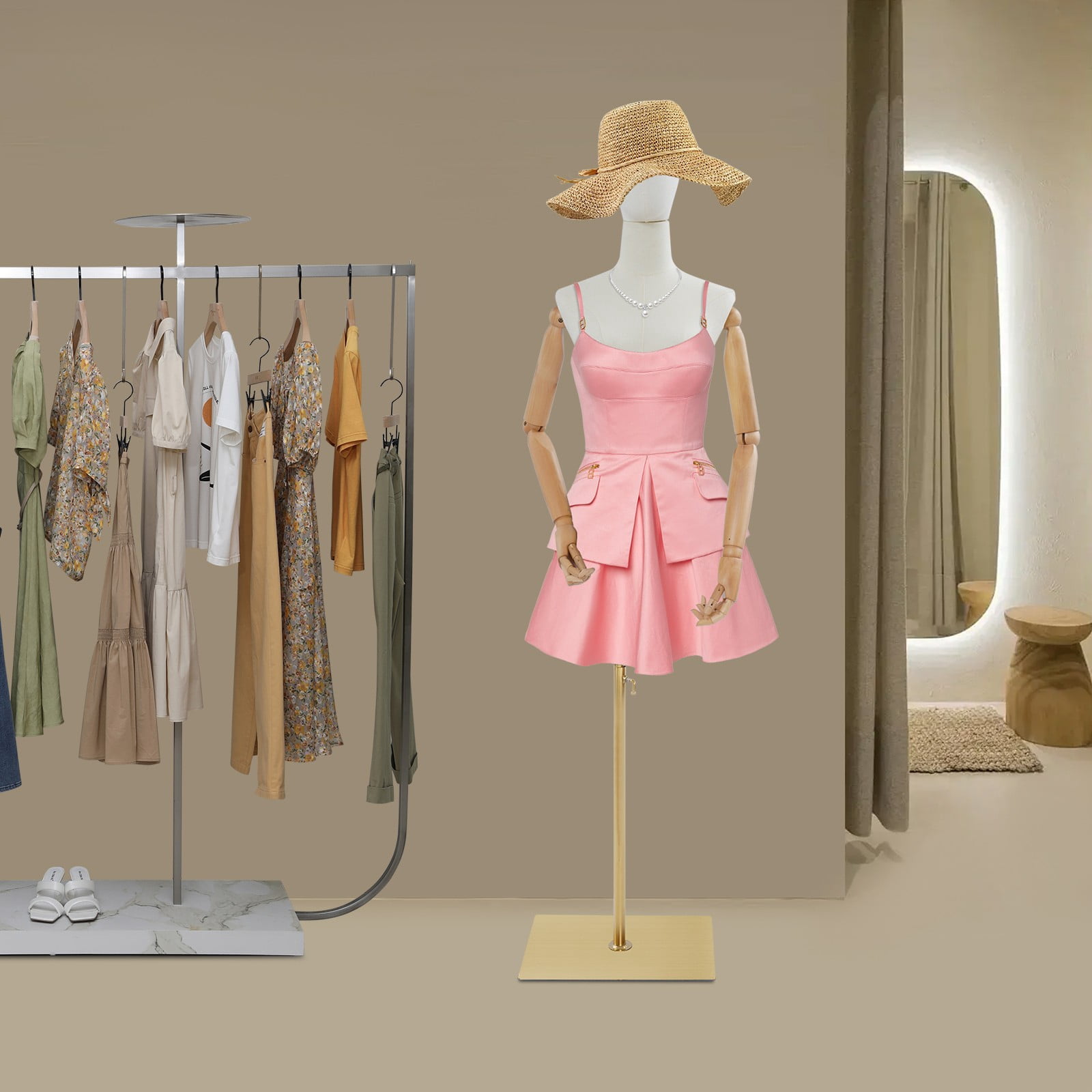 1 PCS Free Standing Female Mannequin, Female Dress Form Display for Boutiques, Clothing Stores, Display Windows, Shopping Malls, Adjustable Height Female Mannequin, White+ Wood Color+ Golden