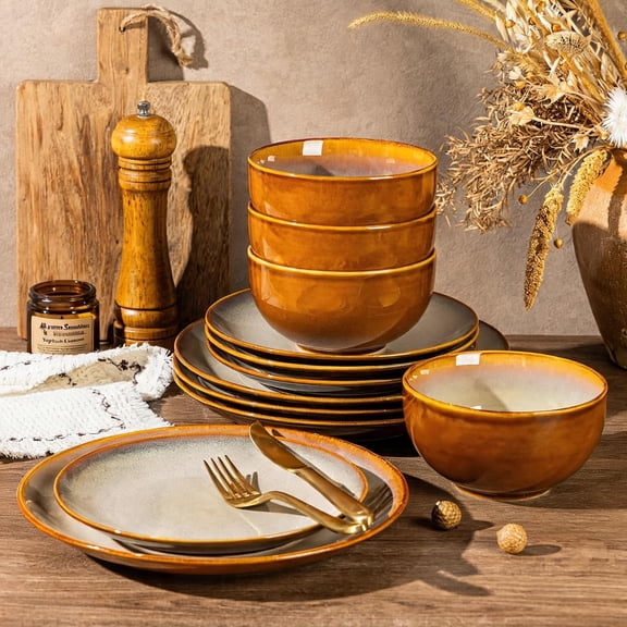 Porcelain Dinnerware Set for 4 People 12-Piece Plates and Bowls Dreamy Moonlight-Kahki