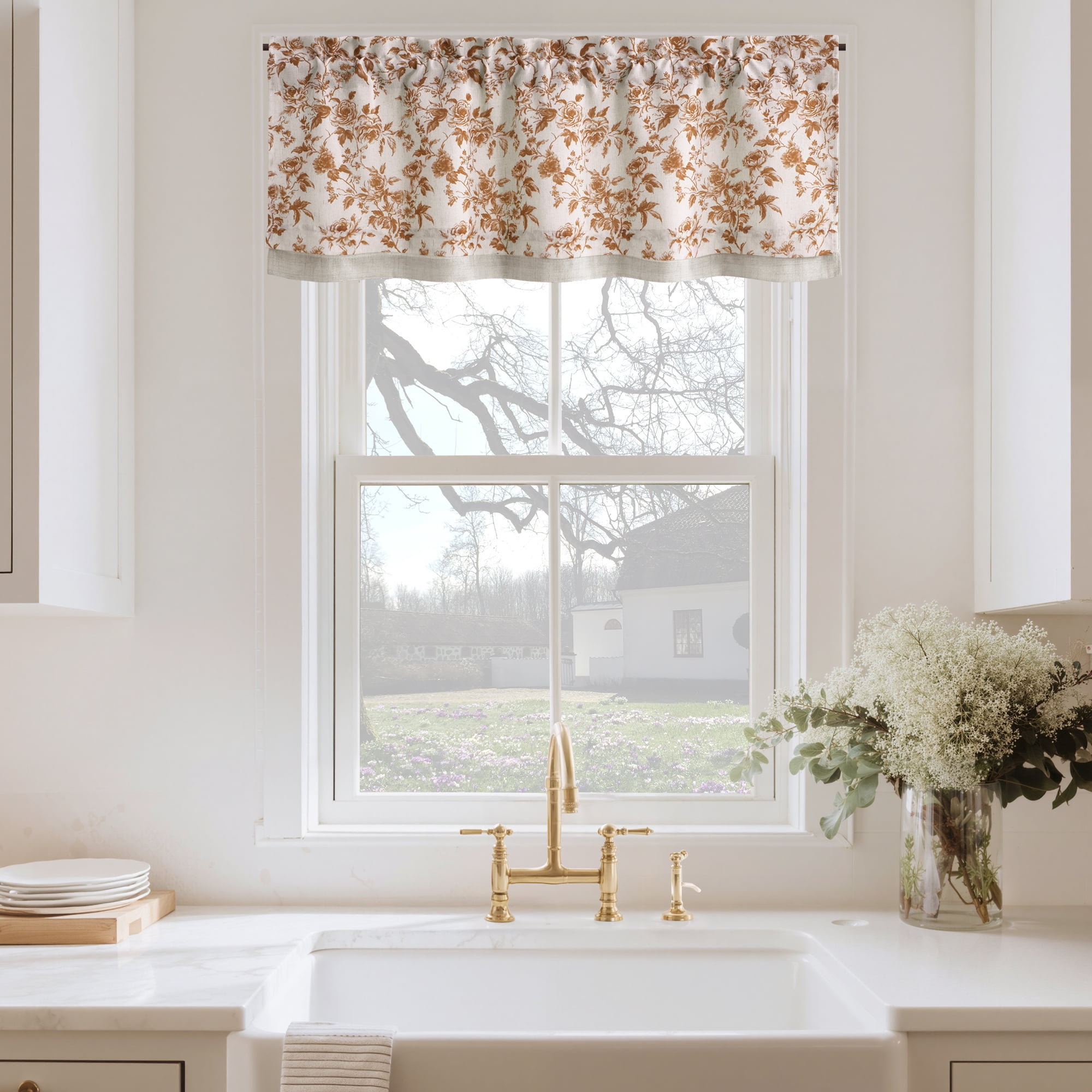 NICETOWN Floral valances for windows, Double Layer Linen Valance Curtains Rod Pocket Farmhouse Semi Sheer Light Filtering Linen Curtains for Bedroom Living Room, Yellow, 52"x18", 1 Panel