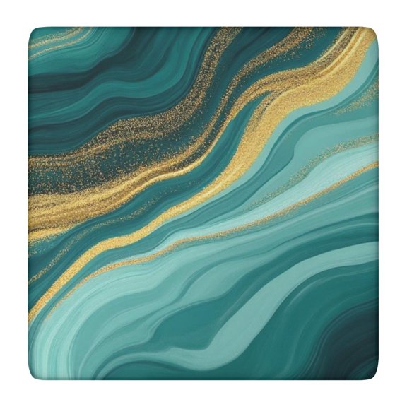 Green and Gold Marble Pattern Square Fitted Tablecloth with Elastic Edge, Washable Table Cover for Home Kitchen Party and Daily Decor 36in(91cm)