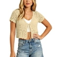 thumbnail image 2 of GILIGEGE Women Crochet Shrug Knit Sweater,Spring Summer Beach Short Sleeve Shrug Cropped Boho Lightweight Sweater,Cover Up Tie Front Tops For Evening Dresses Casual Eyelet Shawl Thin Formal Beige L, 2 of 5
