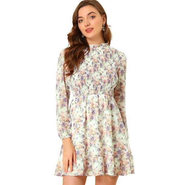 INSPIRE CHIC Vestido Floral Con Dobladillo Con Volantes Y Manga Larga Con Cuello Fruncido Y Fruncido Para Mujer Beige M