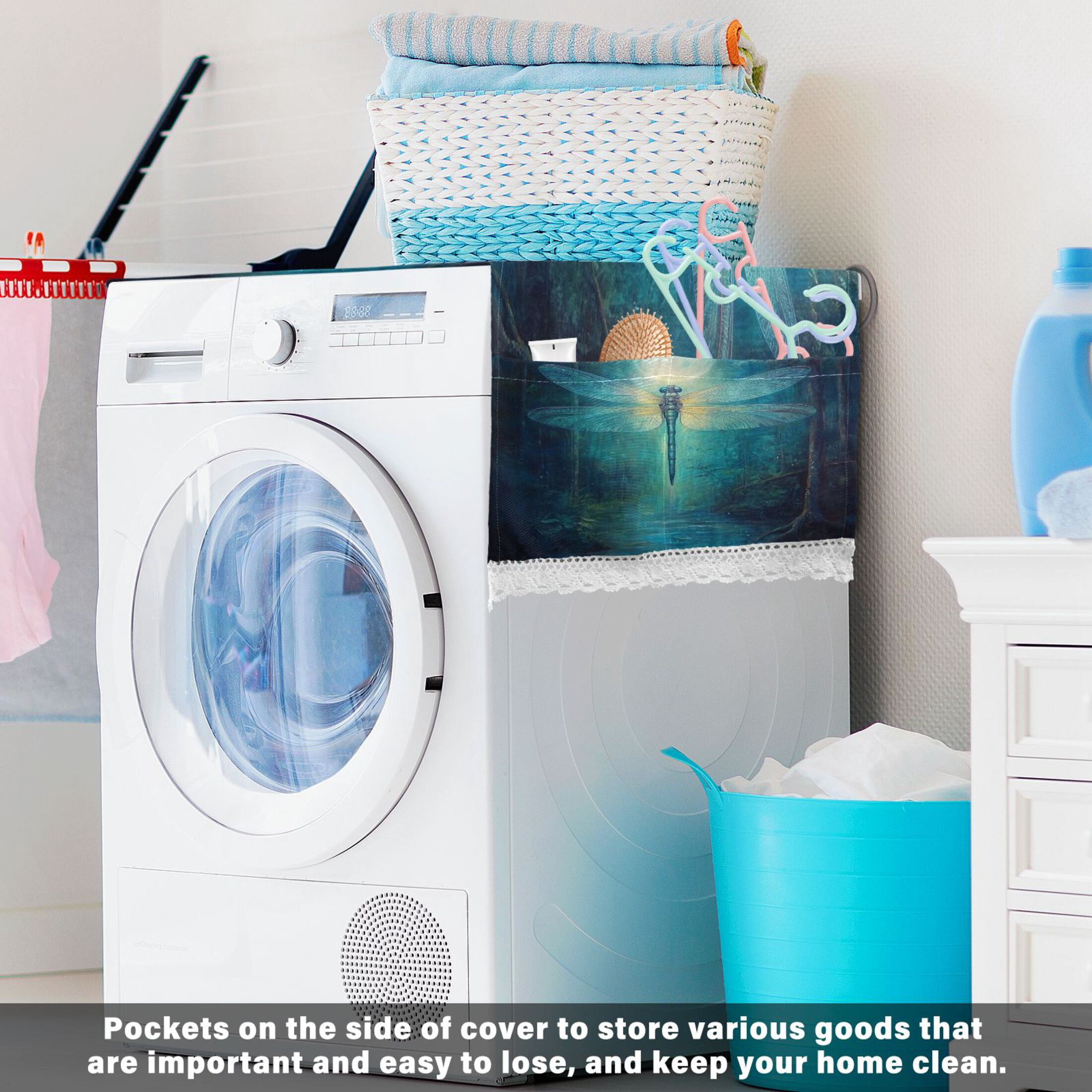 Washing Machine Cover 51.2x22in, Durable Polyester Dust Cover with Lace Trim and Side Pocket for Appliances Tranquility Dragonfly