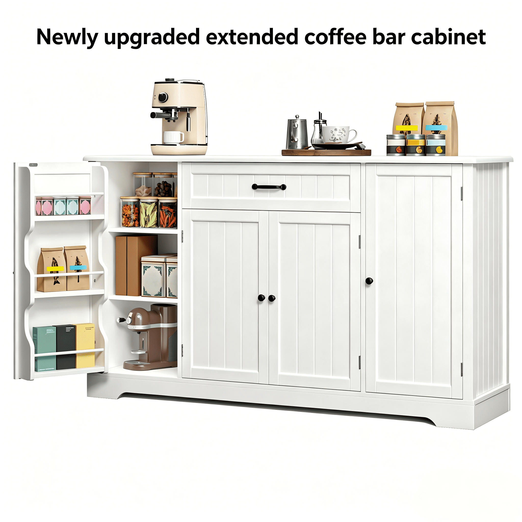 Coffee Bar Cabinet, Lofka 42" Farmhouse Kitchen Storage Sideboard Buffet Cabinet with 8 Shelves & 1 Drawer, Multifunctional Console Table for Dining Room Living Room Entryway Home Coffee Station, Whi
