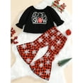 thumbnail image 2 of Gureui 2pcs Girls Christmas Clothes Set, Letter Print Long Sleeve Off-shoulder Tops+Plaid Snowflake Print Trousers Outfits, 2 of 8