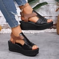 thumbnail image 4 of Rokment Wedges Gladiator Sandals for Women Beach Vintage Casual Color Block Leather Peep Toe Ankle Strap Platform Chunky Heeled Slingback Dress Summer Shoes Comfortable Walking Black Size 6, 4 of 6