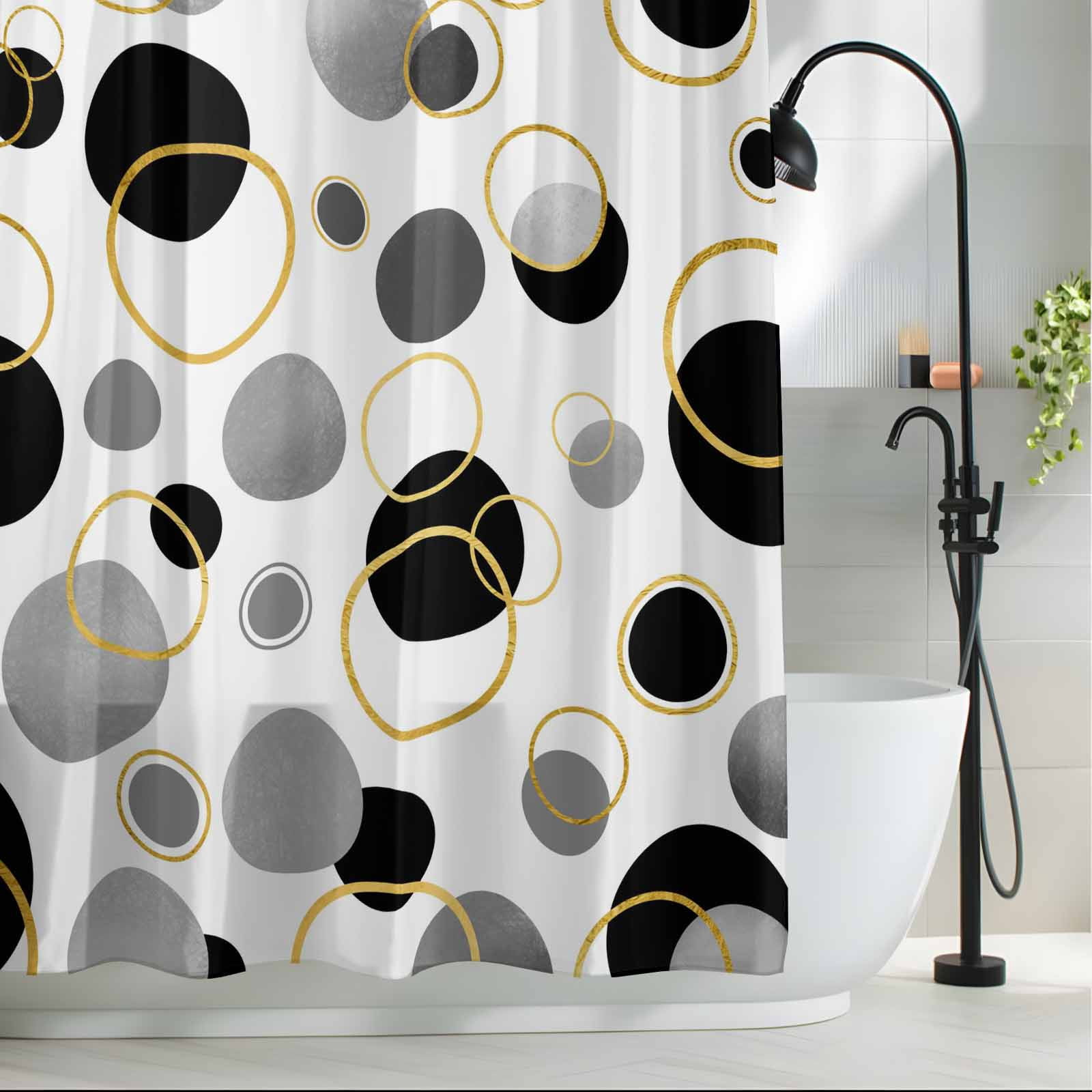 Black Polka Dots Shower Curtain Set, Waterproof Shower Curtains for Bathroom, Modern Abstract Art Washable Fabric Cloth Bath Curtain for Bathtub Decoration with Hooks 48x72 Inches Geometric