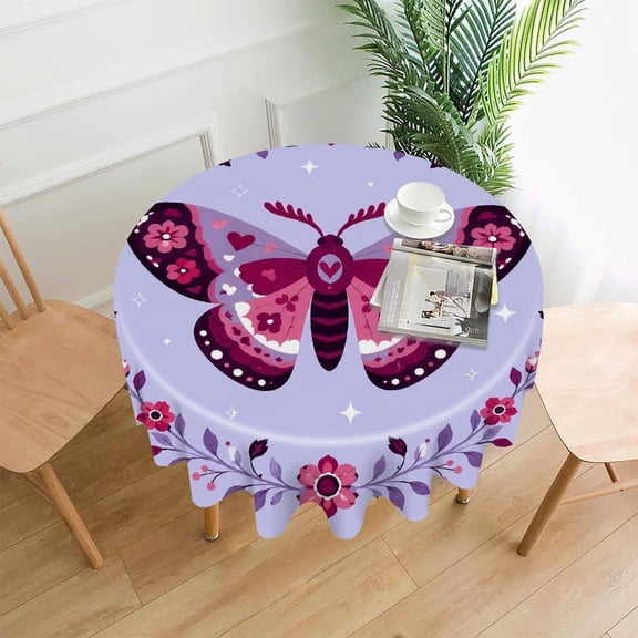 RKSupls 60 Inch Round Tablecloth, Floral Moth Wreath Premium Polyester Straight Edge Wrinkle Resistant Washable Table Cover for Party Home Dining Decor