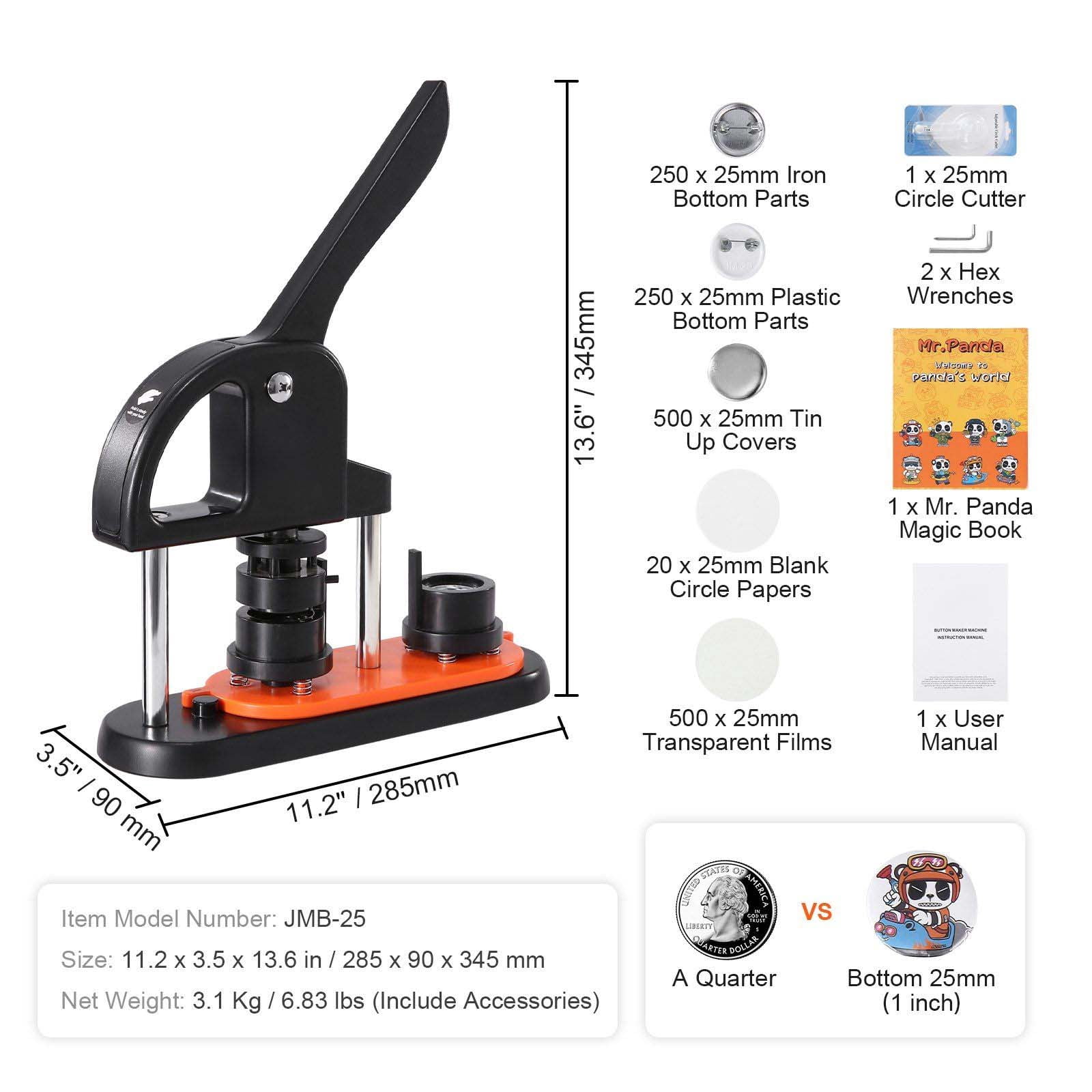 Button Maker Machine 25mm, Pin Making Kit with 500 Parts, Panda Magic Book, DIY Craft for Kids & Adults, Ergonomic Punch Press Kit for Badges, Gifts
