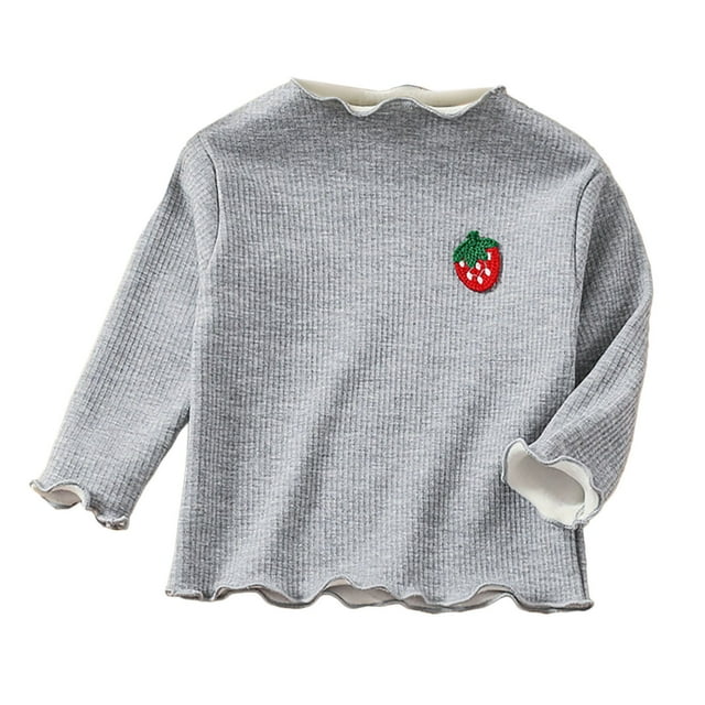 WRKEKC Girls Long Sleeve Tees Stylish Strawberry Embroidered Ruffled Ribbed Knit Soft Warm Cozy Base Layer for Fall Winter 1-5 Years