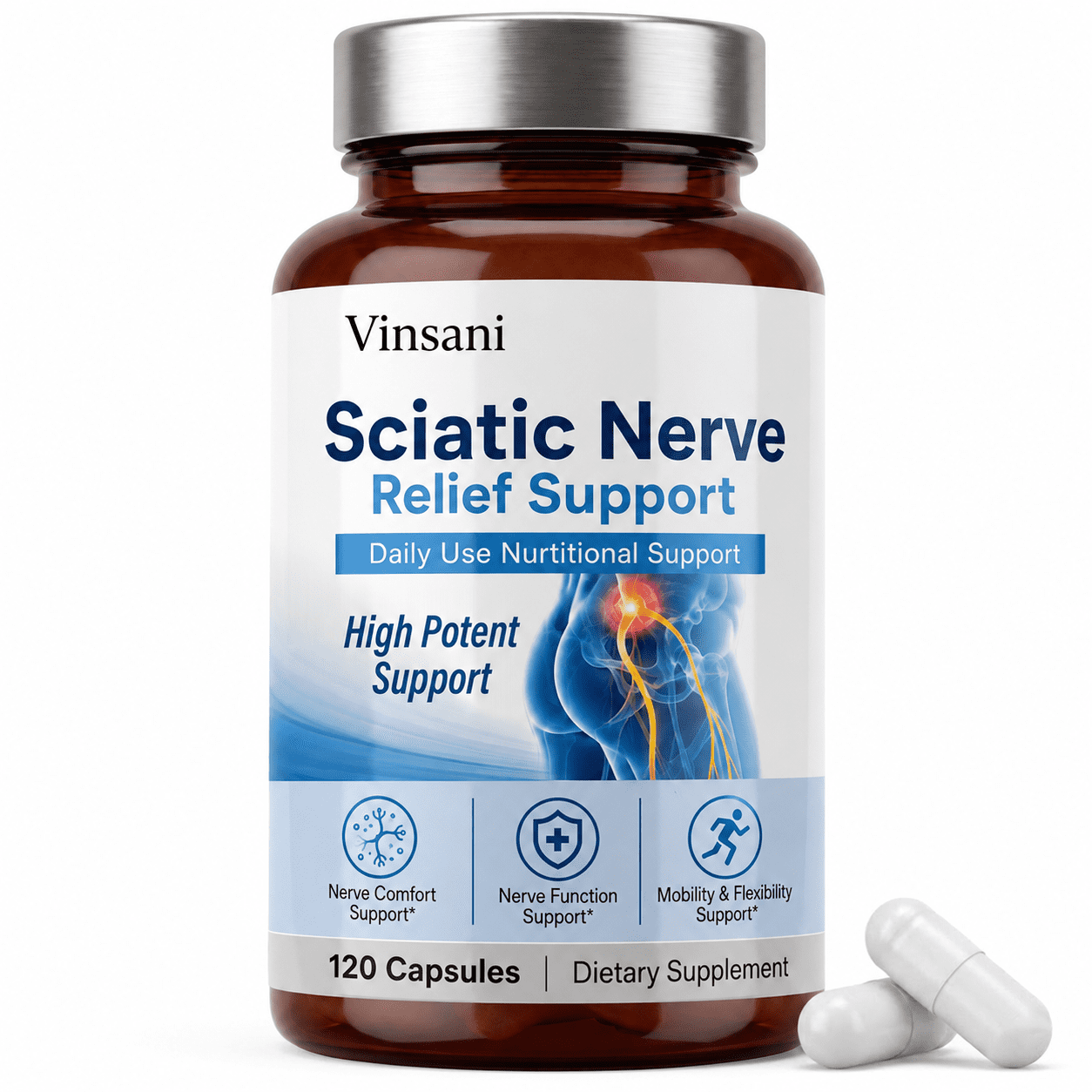Sciatic Nerve Health Dietary Supplement Capsules, Advanced Nourishing Formula, 120 Count, Supports Nerve Function, Eases Sciatic Area Mild Discomfort, Gluten Free Non-gmo