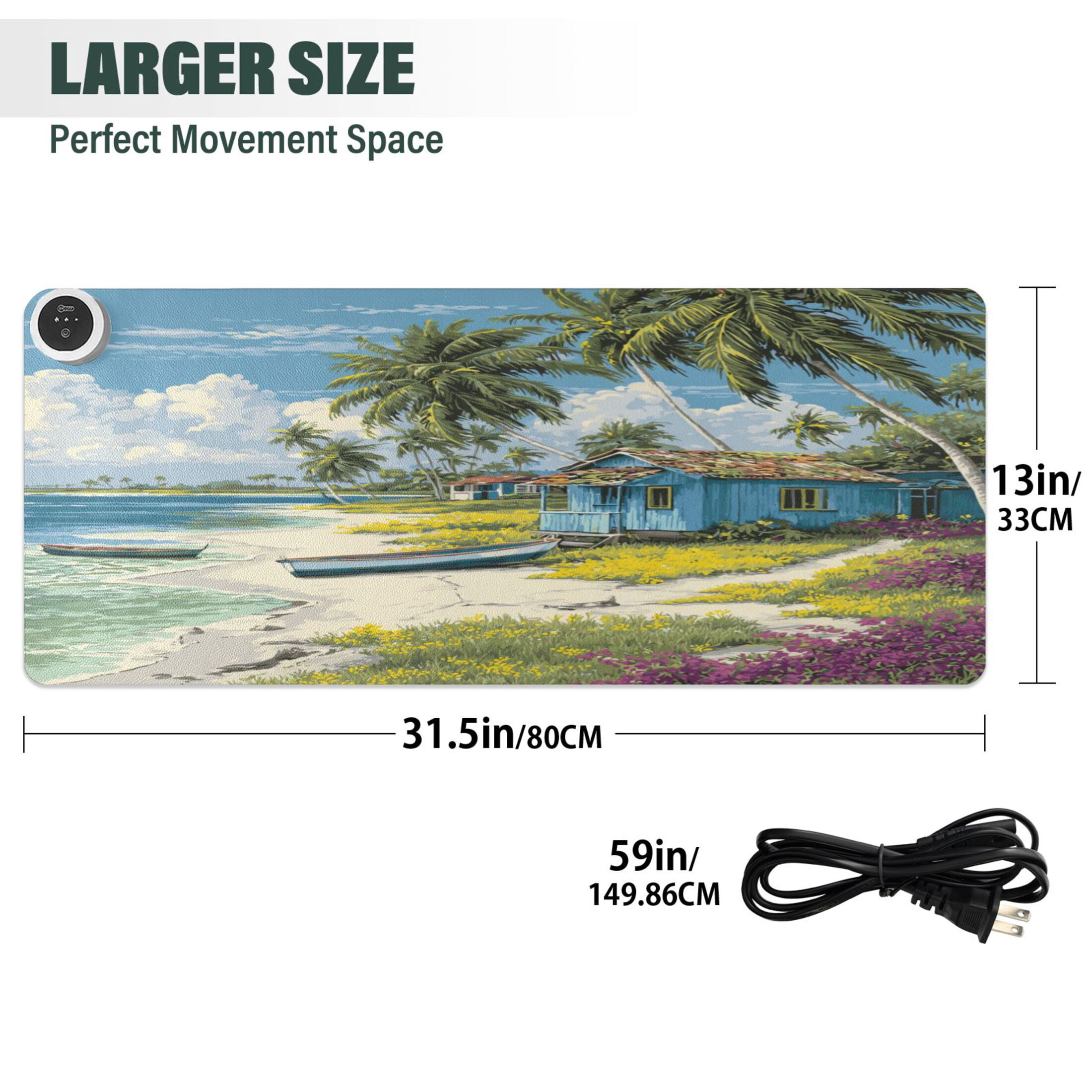 Large Heated Desk Mat Mouse Pad 31.5"x13"PU Leather Graphene Heating Desk Warmer with 3 Temperature Settings 110V US Plug Non-Slip Warm Pad for Home, Office, and Gaming Tropical Beach Hut Escape