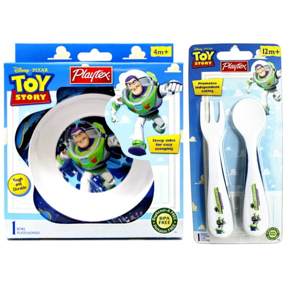 Playtex Toy Story Bowl, Steep sides for easy scooping, BPA Free, 4m  & Playtex Disney Pixar Toy Story Fork and Spoon Utensil Set 12m  (Designs May Vary)