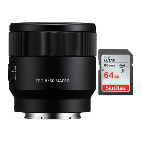 Sony SEL50M28 FE 50mm F2.8 Macro Lens & Sony 64 GB SD Card