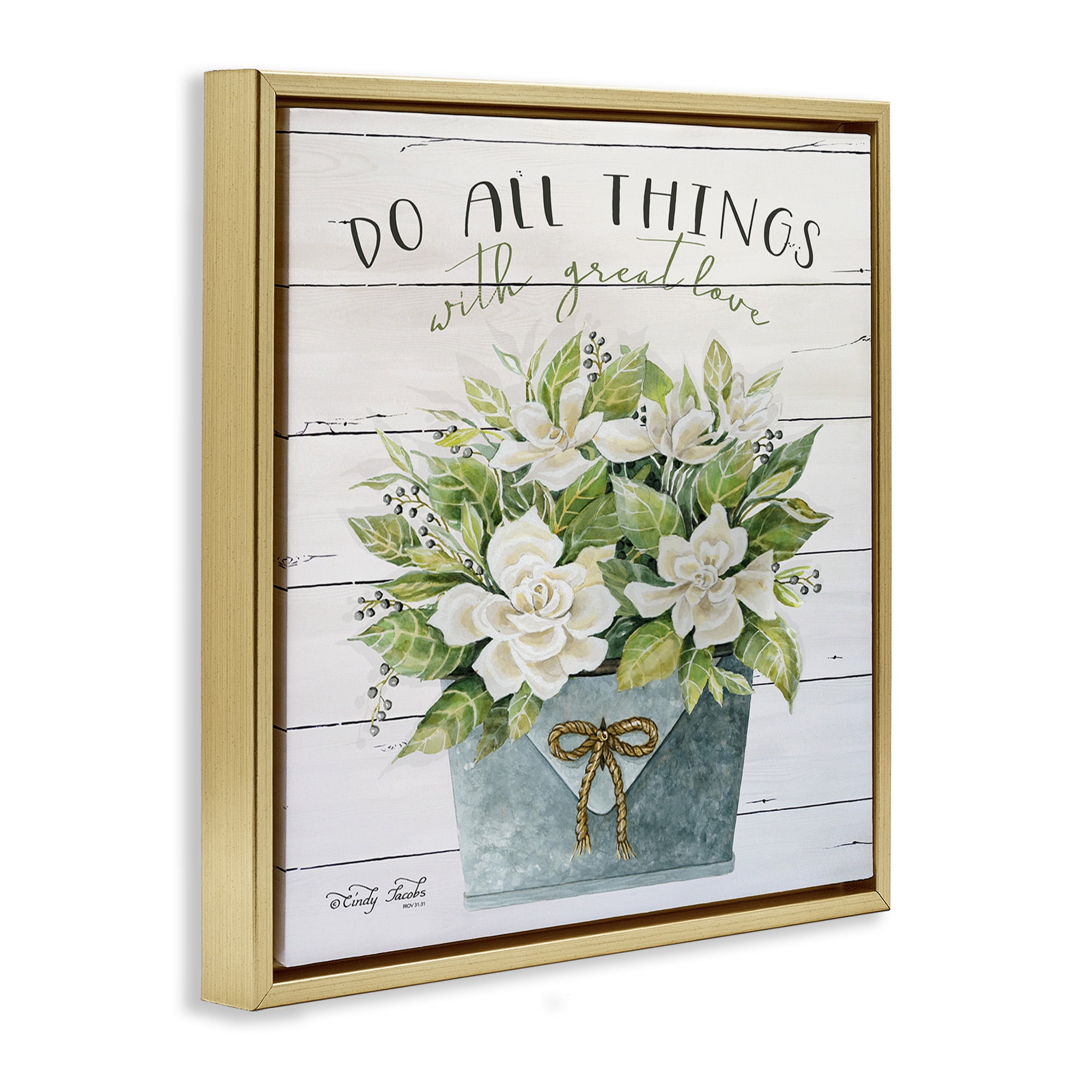Stupell Industries All Things With Love Floral Magnolia Botanical & Floral Painting Gold Floater Framed Canvas Art Print Wall Art, 25 x 25
