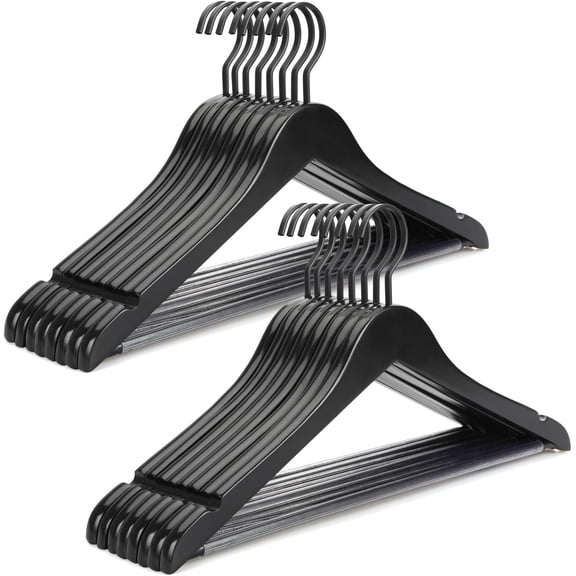 Wooden Hangers with Thick Hook and Non-Slip Pants Bar, Heavy-Duty Coat Hanger with Notches, 16-Pack, Black