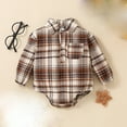 thumbnail image 2 of WERYOUNG Girls Boys Bodysuits Summer Unisex Fashion Plaid Printed Stand Collar Button Long Sleeve Bodysuit Girls Stylish Daily Wear Onesie,Coffee,3-6 Months, 2 of 9