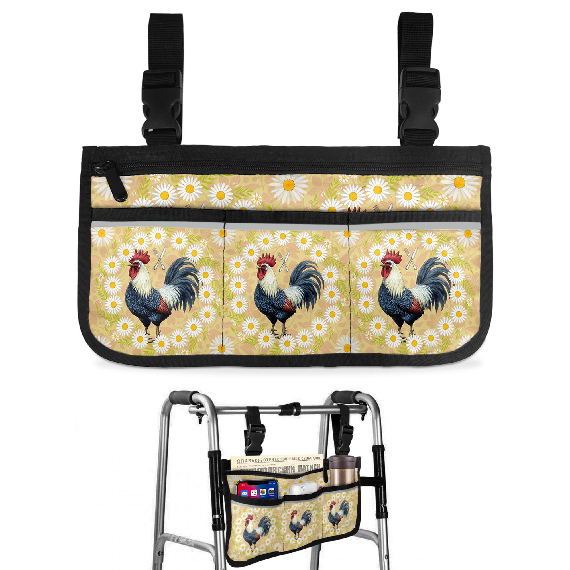 Farm Cock Wheelchair Side Bag with Cup Holder, Chicken White Daisy Flower Green Leaf Vintage Floral Wheelchair Armrest Bag Storage Pouch Adults, Seniors for Walkers, Rollator, Scooter