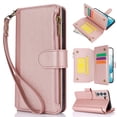 thumbnail image 2 of Wallet Case Compatible with Samsung Galaxy S22 Zipper Luxury ID Cash Credit Card Slots Holder Crossbody Lanyard Folio PU Leather Cover [Detachable Magnetic Hard Case] with Strap, Rosegold, 2 of 15