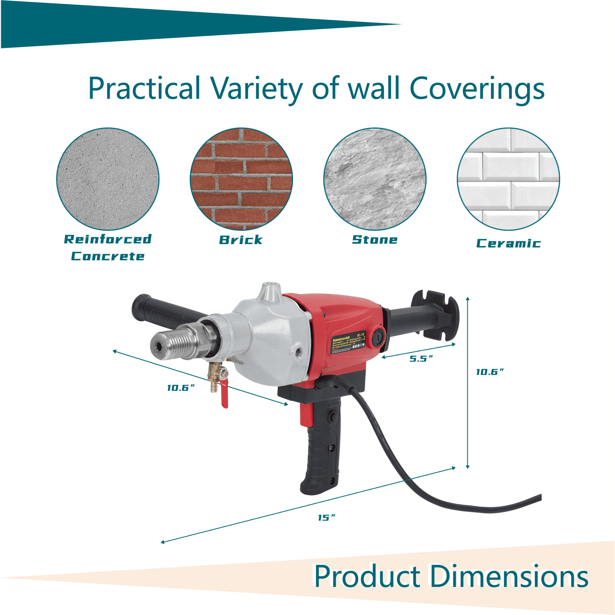 CazToi Diamond Core Drilling Machine 1500W Handheld Concrete Core Drill Rig Two Speed 1100RPM/2400RPM, 1-1/4" Thread Power Core Drill for Brick Concrete Block Stone